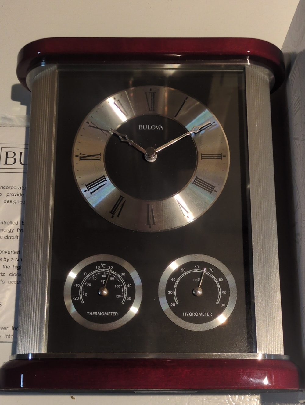 Bulova Silver and Cherry Mantel Clock with Thermometer & Hygrometer